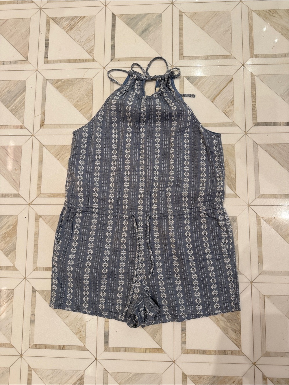 Blue Patterned Halter Romper with synch waist tie - Madewell